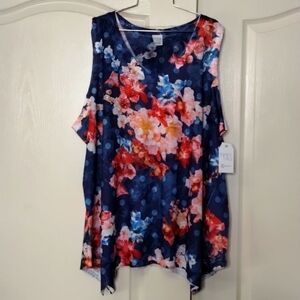 Time & Tru Women's Blouse Blue Floral Print XL Sleeveless Summer Top NWT